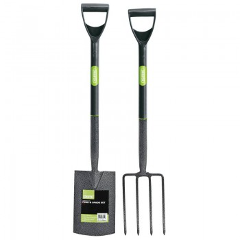 Carbon Steel Garden Fork and Spade Set, Black